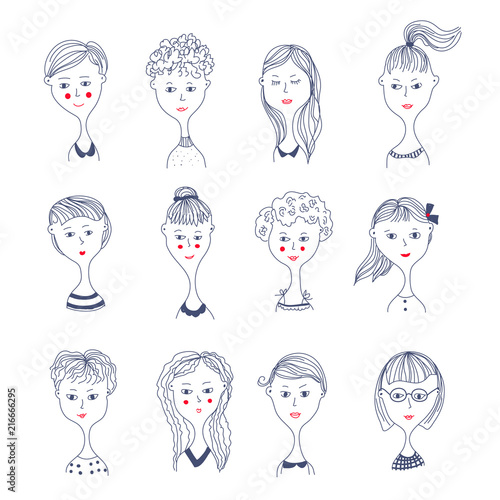 Girls faces avatar set in doodle style. Vector graphic illustration