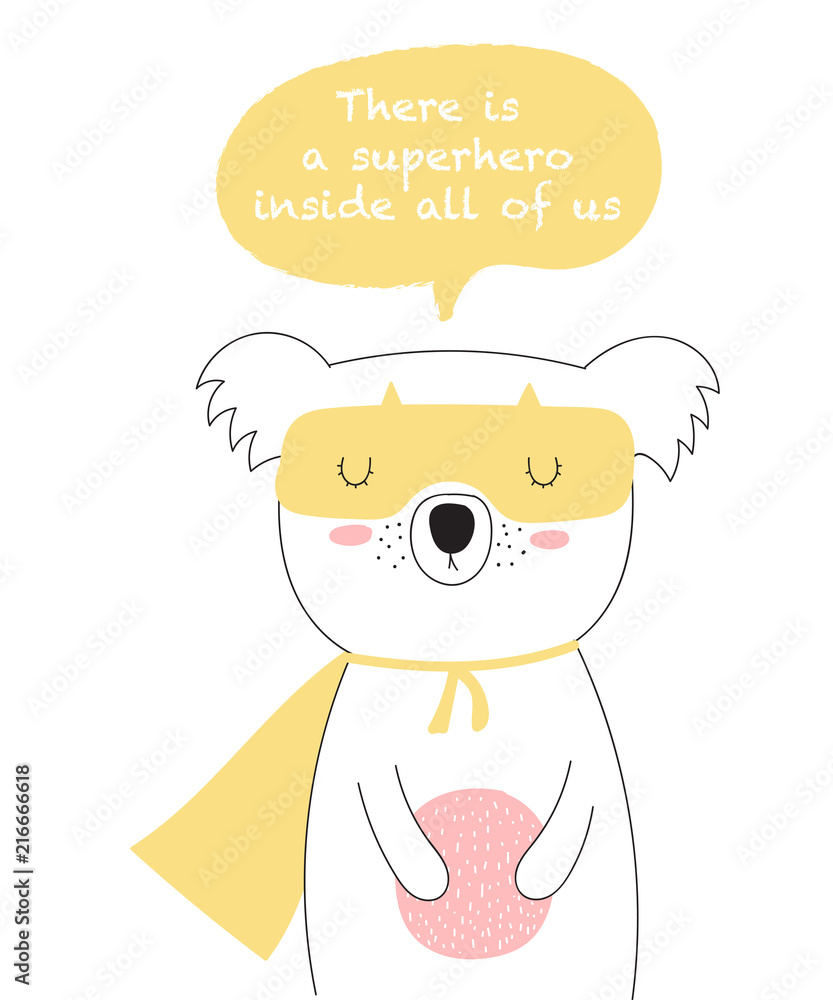 Vector postcard with line drawing superhero koala with cool slogan Vector postcard with line drawing superhero koala with cool slogan