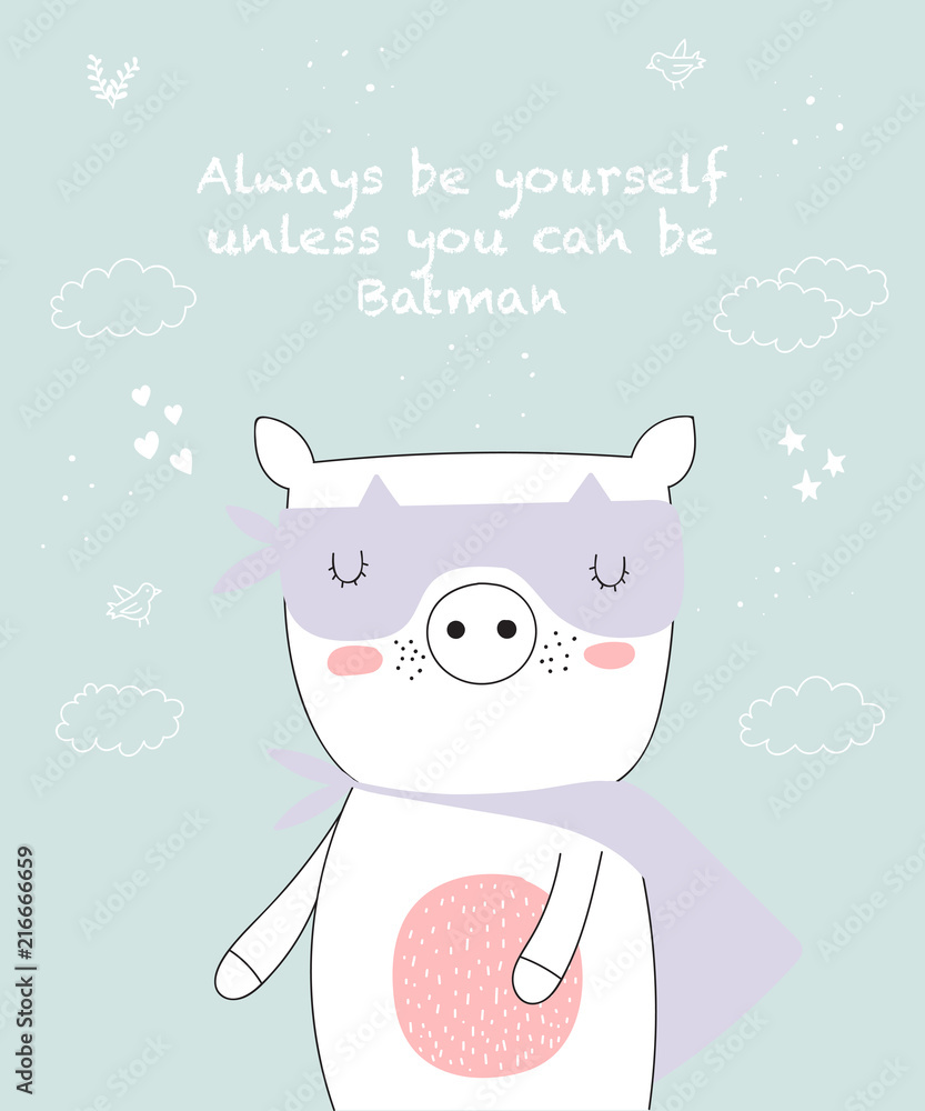 Vector postcard with line drawing superhero pig with cool slogan Vector postcard with line drawing superhero pig with cool slogan