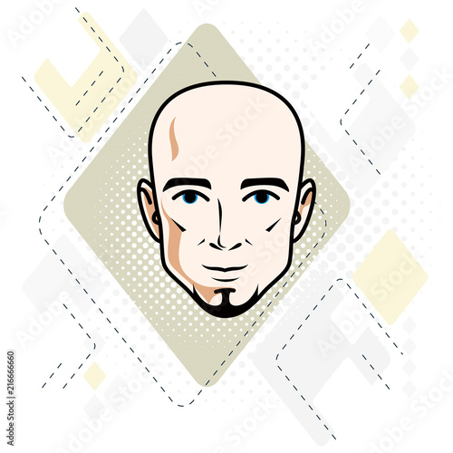 Caucasian man face, vector human head illustration. Attractive hairless male with beard, hipster