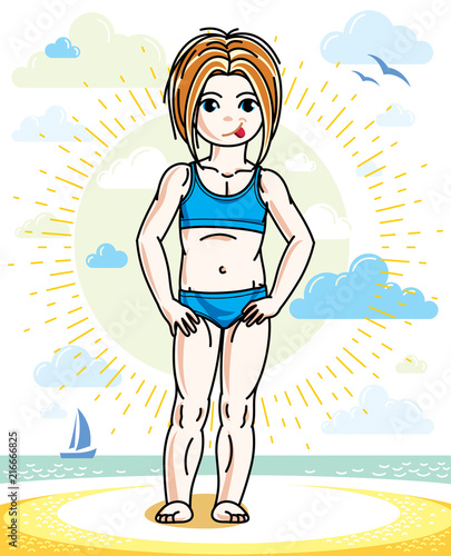 Little redhead girl toddler standing on sunny beach and wearing swimming suit. Vector kid illustration. Summer holidays theme.