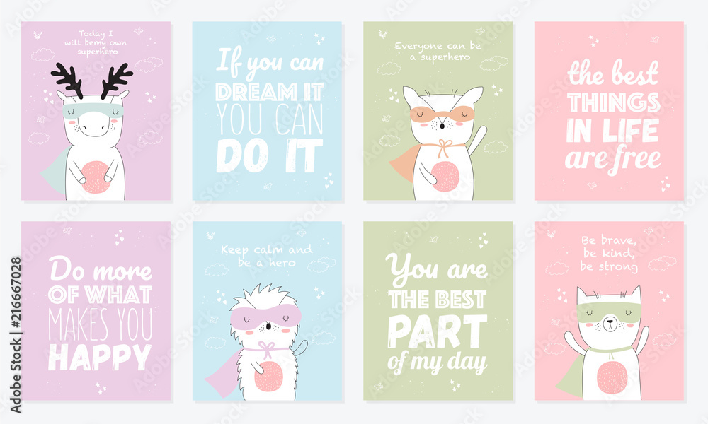 Vector postcard collection with superhero animals and cool slogan Vector postcard collection with superhero animals and cool slogan