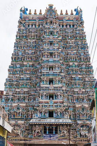 The western Gopuram, or entrance gateway, to the Meenakshi temple complex covering 45 acres in the heart of Madurai in Tamil Nadu state which is renowned for its temple structures