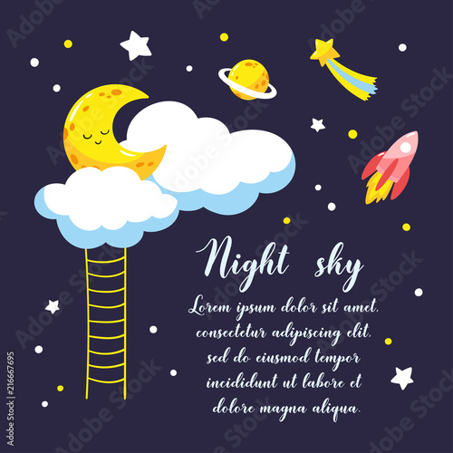 Background with cartoon crescent and clouds and other cosmic objects in the night sky. Vector illustration with space for text.
