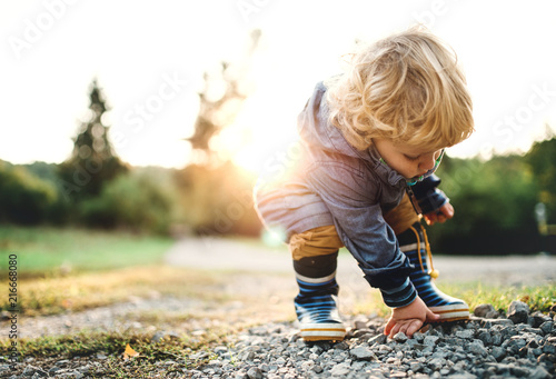 Foto A little toddler boy picking up stones in nature at sunset