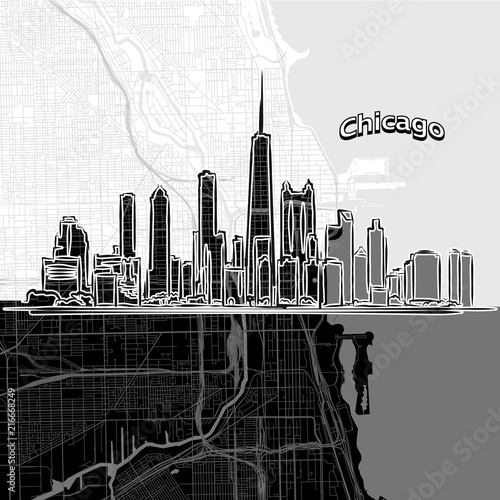 Chicago skyline with map