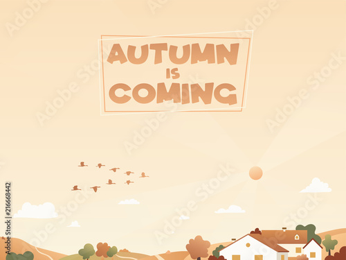Photography Autumn landscape with migratory birds and houses on the hills