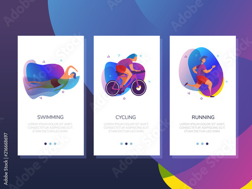 A sporty triathlon app. Mobile app templates, concept vector illustration flat design.