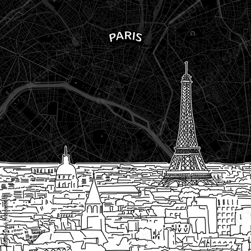 Paris skyline with map