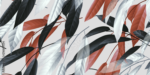 Seamless pattern, black, red and white long leaves on light grey background