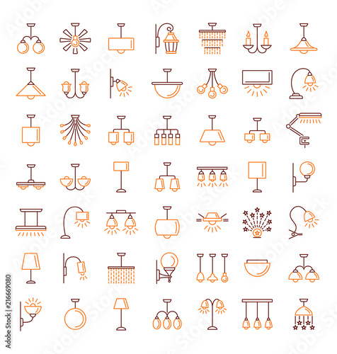 Different kinds of wall, ceiling, table and floor lamps. Modern light fixtures. Home lighting. Line icon collection.