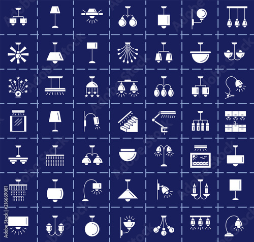 Different kinds of wall, ceiling, table and floor lamps. Modern light fixtures. Home lighting. Flat icon collection.