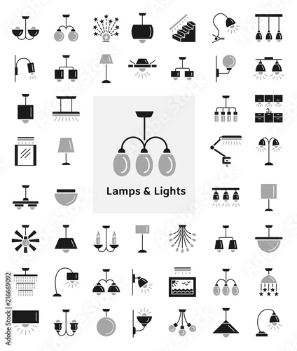 Different kinds of wall, ceiling, table and floor lamps. Modern light fixtures. Home lighting. Flat icon collection.