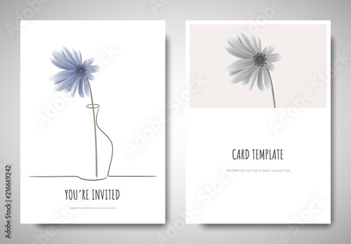 Minimalist greeting/invitation card template design, blue Chrysanthemum flower in simple line vase on white background