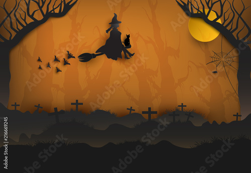 Young witch with cat in dark forest and bat Halloween paper art background