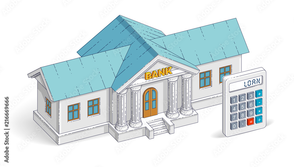 Credit concept, bank building with calculator isolated on white background, banking theme. Vector 3d isometric business and finance illustration, thin line design. Credit concept, bank building with calculator isolated on white background, banking theme. Vector 3d isometric business and finance illustration, thin line design.