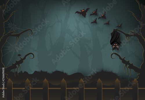 Group of Bat in dark forest, Halloween paper art background, paper cut style illustration.