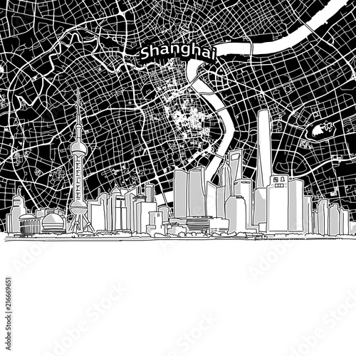 Shanghai skyline with map