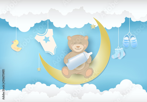 Paper art of cloud with toy shower and teddy bear sitting on the moon baby boy card illustration