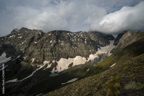 View at the Chaukhi mountain range from the  Chaukhi mountain pass in Georgia. photo