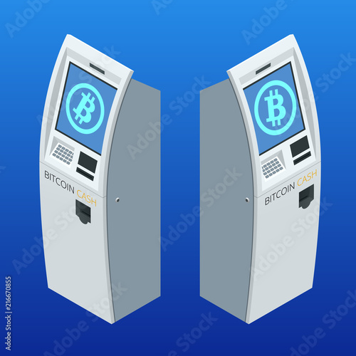 Isometric modern Bitcoin ATM. Cryptocurrency cash dispenser. Buying and selling bitcoins, one of new era cryptocurrency. Vector Illustrator