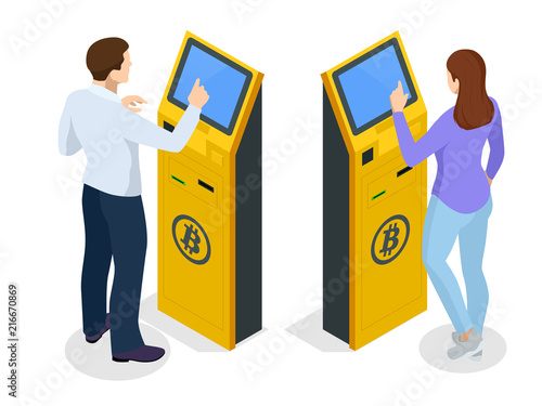 Isometric modern Bitcoin ATM. Cryptocurrency cash dispenser. Buying and selling bitcoins, one of new era cryptocurrency. Vector Illustrator