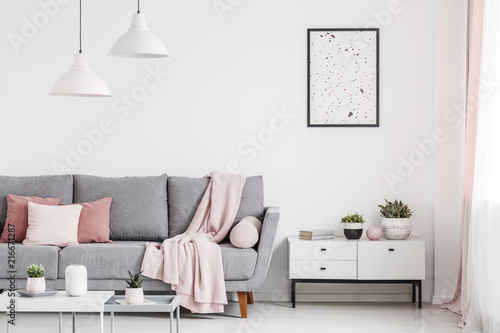 Poster above cabinet with plants in white flat interior with pink blanket on grey couch. Real photo