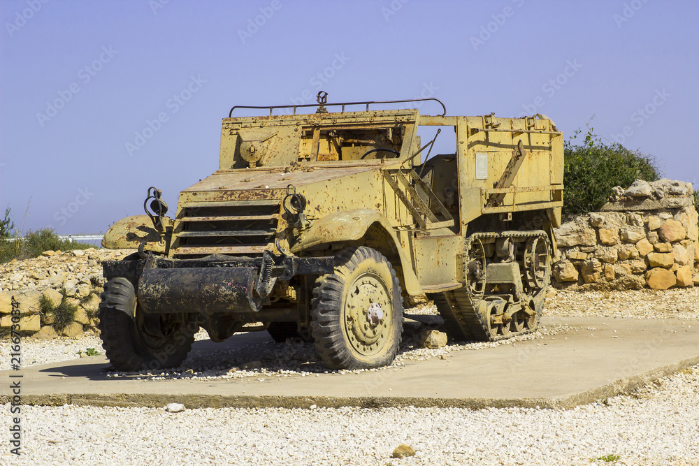 Obraz premium Discarded armoured military vehicles on HarAdar (Radar Hill) Monument.