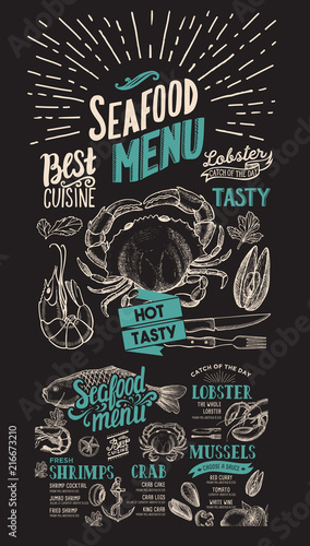 Menu for seafood restaurant. Vector food flyer for bar and cafe. Design template with vintage hand-drawn illustrations.