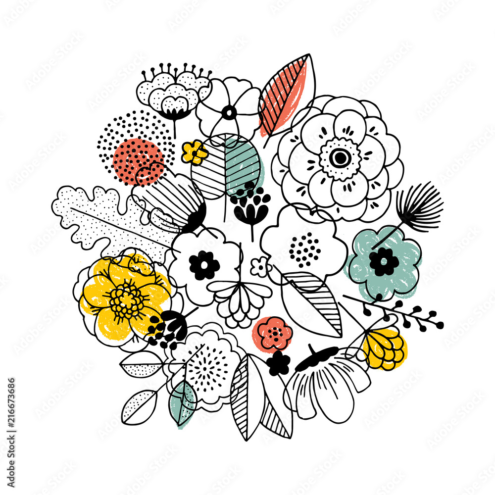 Fototapeta Flower bouquet composition. Linear graphic. Florals background. Scandinavian style. Vector illustration 