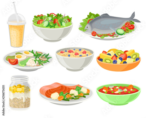 Delicious and fresh dishes set, healthy eating concept vector Illustrations on a white background photo