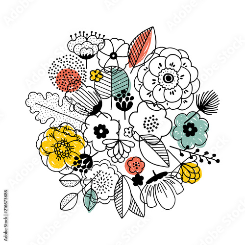 Flower bouquet composition. Linear graphic. Florals background. Scandinavian style. Vector illustration 