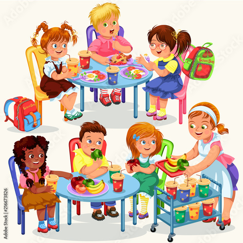 Schoolchildren having lunch