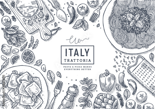 Italian food top view illustration. Spagetti and ravioli table background. Engraved style illustration. Hero image. Vector illustration