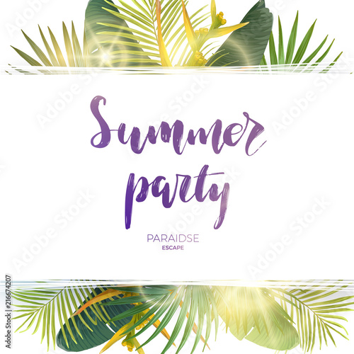 Green summer tropical background with exotic palm leaves, plants and yellow flowers. Vector floral background.