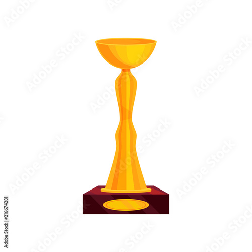 Flat vector icon of tall golden cup on brown stand. Winner s gold trophy. Reward for victory