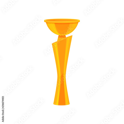 Tall golden champion trophy. Shiny gold cup. Award for winner of competition. Flat vector for advertising poster or mobile app