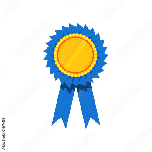 Blue ribbon award, blank golden rosette. Prize for winner. Decorative flat vector element for certificate or diploma