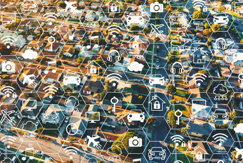 IoT concept with aerial view of a residential area of LA