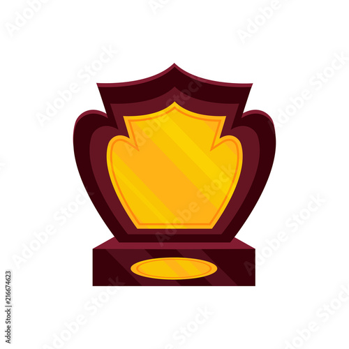 Honorable award for the winner. Golden trophy on brown wooden base. Victory symbol. Flat vector element for mobile game or app