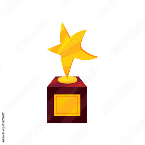 Flat vector icon of golden award in shape of star on brown wooden base. Winner s trophy. First place prize