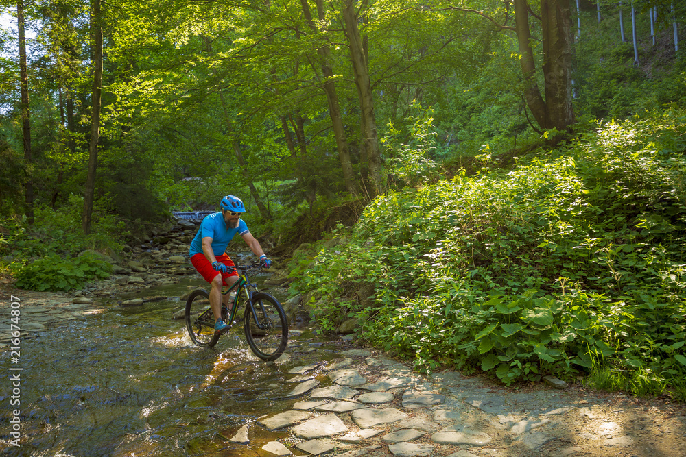 Mountain biker riding on bike in spring mountains forest landscape. Man cycling MTB enduro flow trail track. Outdoor sport activity. Mountain biker riding on bike in spring mountains forest landscape. Man cycling MTB enduro flow trail track. Outdoor sport activity.