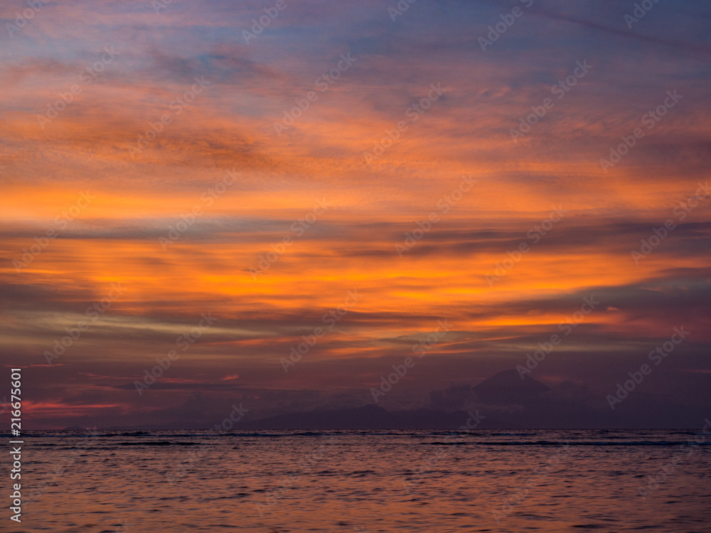 Gili Trawangan, Indonesia - November, 2017: Color of sunset above beautiful ocean. Indonesia