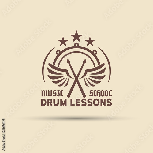 Drum school vector emblem with wings, drumsticks