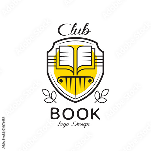 Book club logo design, heraldic shield with open book, badge for for bookstore, university, library, book festival. vector Illustration