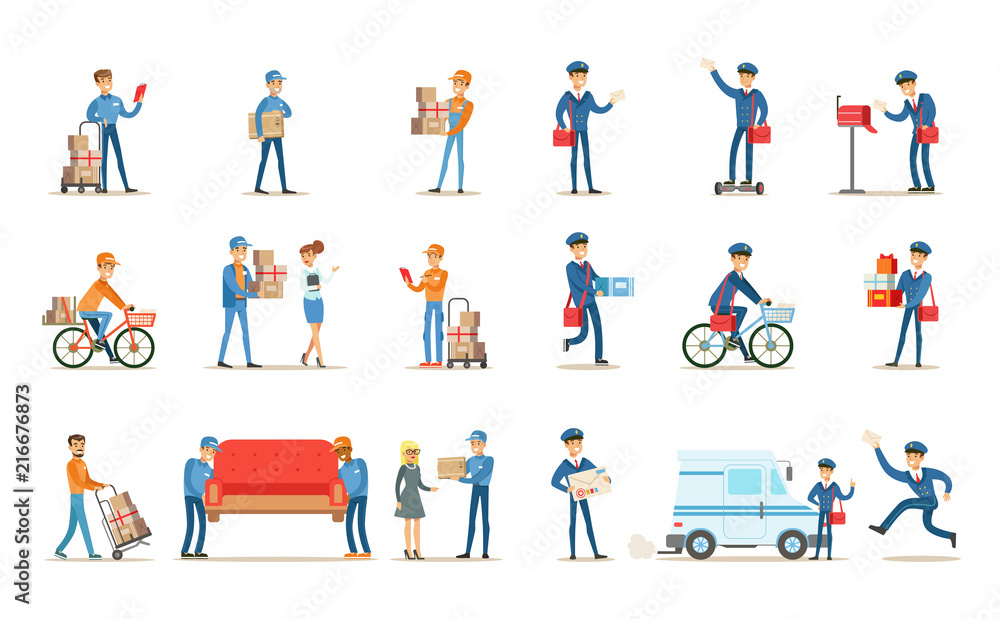 Delivery service set, couriers delivering packages, letters, furniture to clients vector Illustrations on a white background