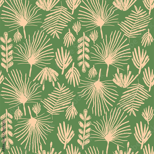 Tropical greenery flower, duotone seamless pattern, hand drawn vector illustration. Floral backdrop, exotic jungle plant wallpaper, doodle style