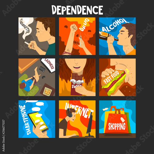 Bad habits and addictions of modern society set, cigarette, drug, alcohol, fast food, gadgets, shopping addiction vector Illustrations