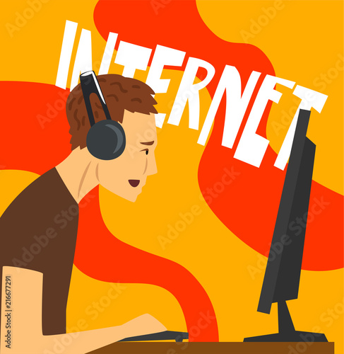 Man character playing computer games, internet dependence, bad habit and addiction of modern society vector Illustration