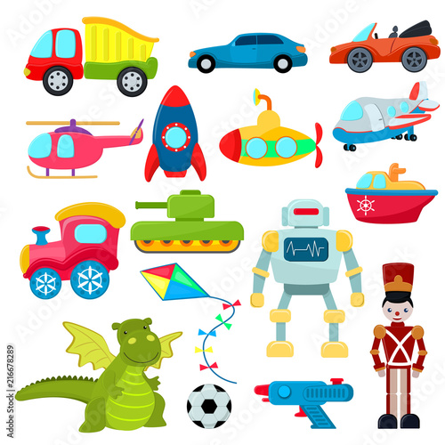 Kids toys vector cartoon games helicopter or ship submarine for children and playing with car or train illustration boyish set of robot and dinosaur in playroom isolated on white background